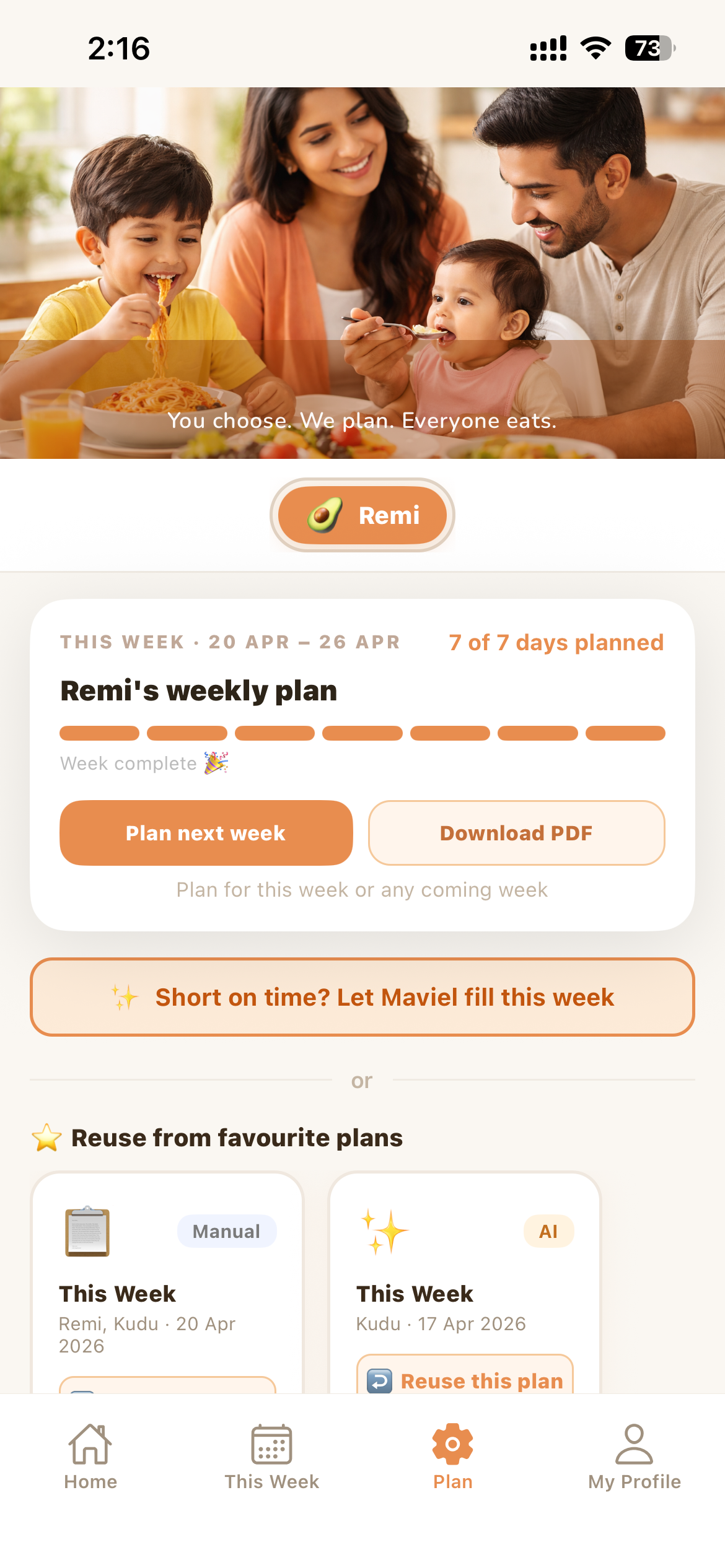 Maviel weekly meal plan screen